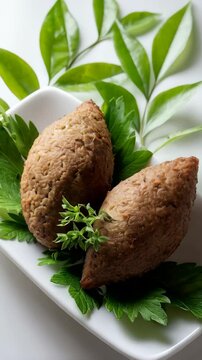 Two fried kibbeh arranged on a white plate and surrounded by green parsley and other decorative leaves