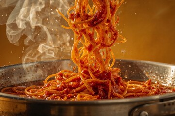 Steaming pasta with tomato sauce served in metal skillet.