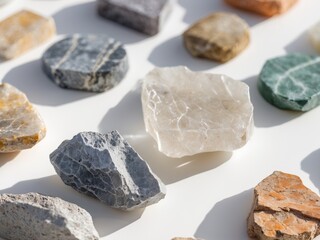 Naklejka premium Assortment of Decorative Rocks and Minerals on a White Background, Shot in Bright Sunlight