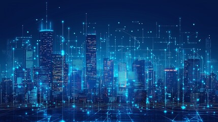 technology digital city data connection network, connectivity wires skyline, blue neon light, chain net internet circuit