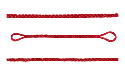 Top view of red string rope set, isolated vector illustration, white surface layout, textile cord, twisted yarn, crafting supply, clean composition, simple cutout, design asset.