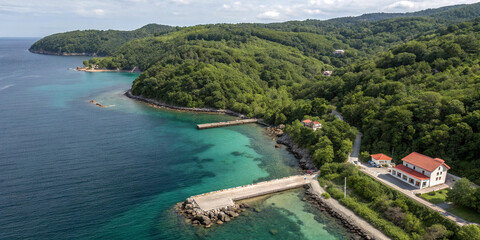 Fototapeta premium Aerial view of a serene bay with lush green hills meeting crystal-clear turquoise waters.