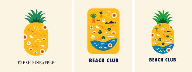 Stylish summer design with pineapple. Beach club posters