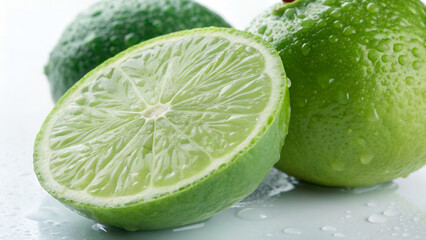 Fresh Green Lime Halves With Water Drops On White Background