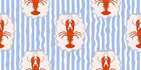 Seamless lobster pattern on blue and white wavy stripes. Summer repeating seafood pattern. Mediterranean coastal design background.