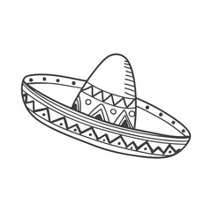 Hand drawn monochrome mexican sombrero hat with ethnic patterns. National symbol of Mexico. Sketch illustration.