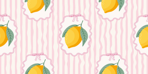 Seamless lemons pattern on pink and white wavy stripes. Summer repeating fruit pattern. Mediterranean coastal design background.