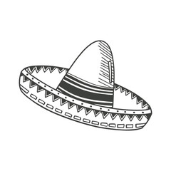 Hand drawn monochrome mexican sombrero hat with ethnic patterns. National symbol of Mexico. Sketch illustration.