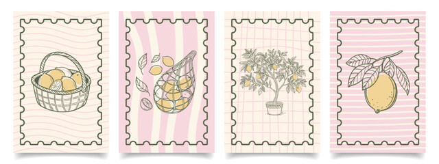 Collection of hand drawn lemon themed botanical illustrations for cards and posters. Mediterranean set. Sketch illustration.