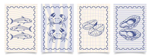 Collection of hand drawn Italian cuisine posters. Seafood, fish, oysters, sardines. Mediterranean set. Seafood menu cards. Sketch illustration.