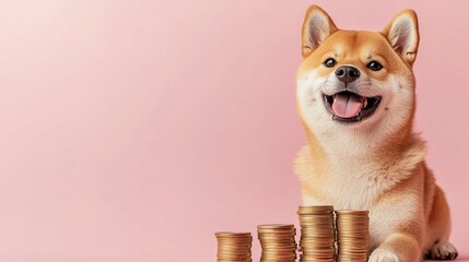 shiba inu dog crypto coin stacks on pastel pink background, finance altcoin