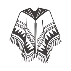 Hand drawn monochrome poncho with fringe and ethnic patterns. National symbol of Mexico. Illustration sketch.