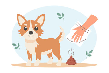 Clean up after your pet. Dog and hygienic bag for dog waste. Pet care, environmental awareness and waste disposal. Illustration.