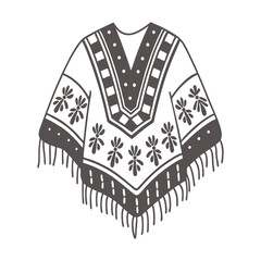 Hand drawn monochrome poncho with fringe and ethnic patterns. National symbol of Mexico. Illustration sketch.