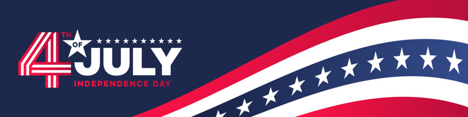 4th of July Banner Design with Stars and Stripes American Flag Background. 4th of July Independence Day Typography on Dark Blue Background with Flag of America Backdrop. Vector Illustration. 