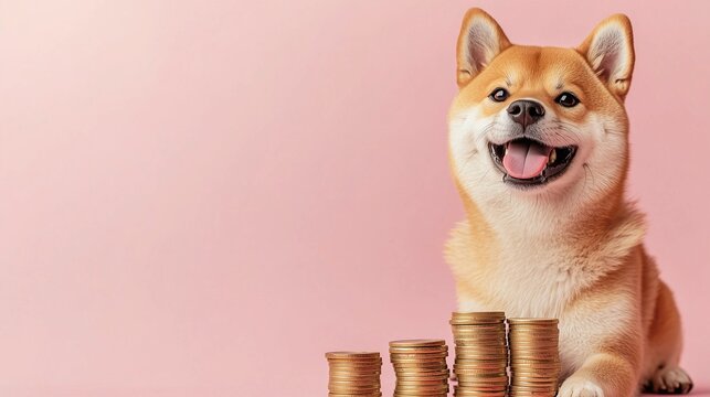 shiba inu dog crypto coin stacks on pastel pink background, finance altcoin