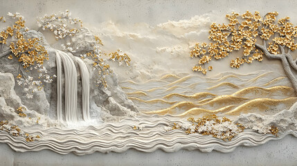 Ornamental Waterfall Landscape In Gold And Beige Tones