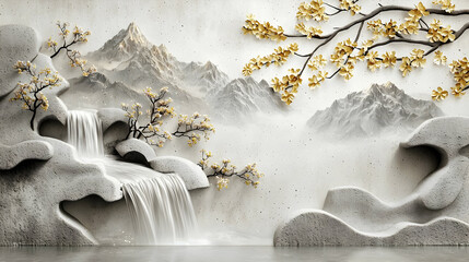 Elegant Gray and White Asian Landscape Mural with Waterfall and Golden Branches