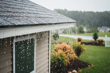 Rain Pours Softly on a Charming Home in a Quiet Residential Area, Creating a Scenic Atmosphere