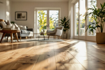 Sunlight streams through large windows, illuminating a modern living room with hardwood floors, comfortable seating, and lush greenery.