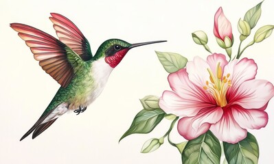 Obraz premium A vibrant hummingbird flutters around a striking pink flower.