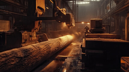 Fototapeta premium Heavy-duty bandsaw machine cutting large logs in a sawmill