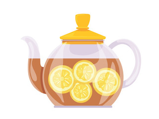 Teapot. Drink with lemon wedges in a glass teapot. Autumn, fall. Flat vector clipart, illustration with isolated background.