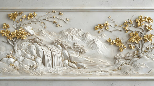 Ornamental Bas Relief Panel With Gold Accents