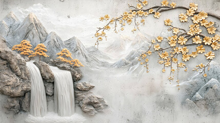 Decorative Waterfall Scene With Golden Flowers And Mountains
