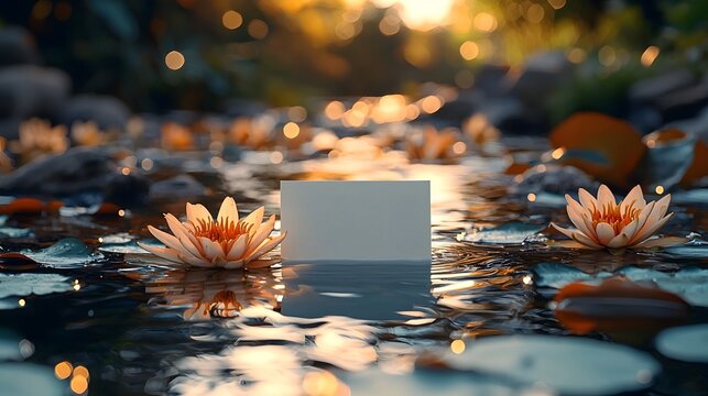 A serene riverside view with a blank gift card and floating krathongs