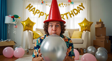 Un homme avec une expression surprise gonfle un ballon pour préparer une fête d'anniversaire.