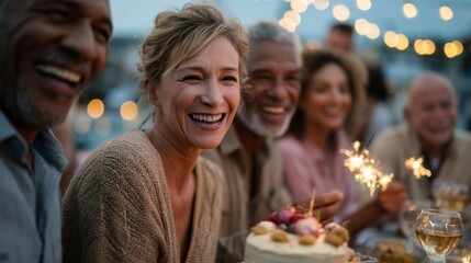 Fototapeta premium Friends celebrate special occasion together with cake and sparklers at an outdoor gathering during the evening