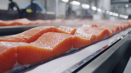 Industrial fish processing plant with fresh salmon moving on a conveyor belt