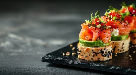 Crispy bruschetta with salmon, avocado, and cream cheese on a dark background. A French-style small dish 