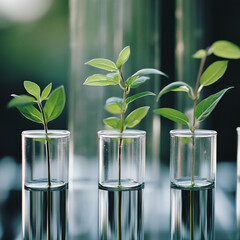 Small plants growing in test tubes filled with water in a laboratory.