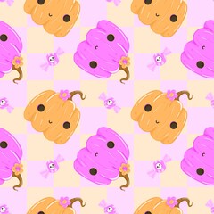 Cute Pumpkin Candy Floral Pattern.Pastel Pumpkin Skull Ribbon Design.Adorable Halloween Pumpkin Print