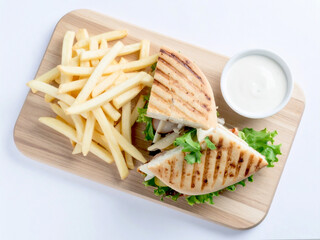 A delicious panini sandwich accompanied by crispy French fries and  dip on a rustic wooden cutting board.