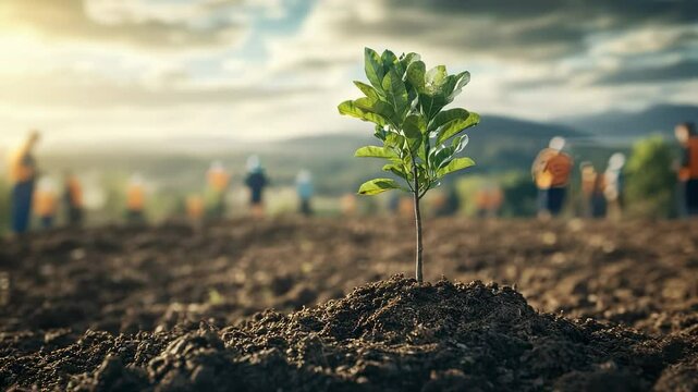 Close-up of a newly planted tree sapling in a field with people planting in the background, showcasing environmental conservation and reforestation efforts