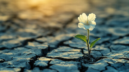 The flowers of the grass grow on the dry and cracked ground.