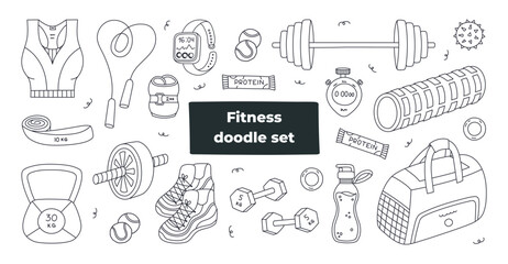 Big lovely outline workout and gym set with equipment for fitness, weightlifting, workout. Hand drawn doodle sport collection with sport bra, kettlebell, skipping rope, pilates band isolated on white.