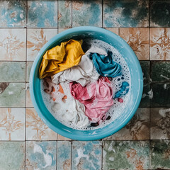 A plastic tub full of clothes and soapy water ready for washing.