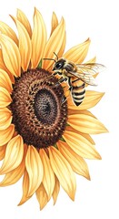 Watercolor painting of a honeybee on a sunflower