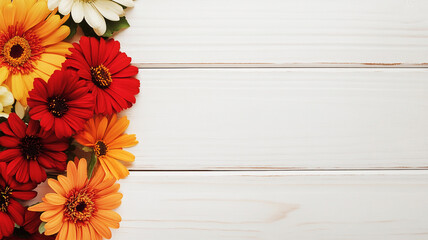 Bouquet of colorful flowers on a white wooden background.