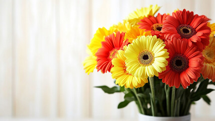 Bouquet of colorful flowers on a white wooden background.