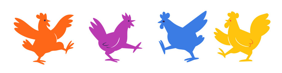 Rooster Chicken illustration, colorful minimalist style, mid-century modern, childlike shapes, whimsical character design, no outlines, solid colors, stylized proportions