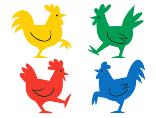 Rooster Chicken illustration, colorful minimalist style, mid-century modern, childlike shapes, whimsical character design, no outlines, solid colors, stylized proportions