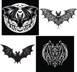 Terrifying Bat Set – Halloween Black and White Vector Collection