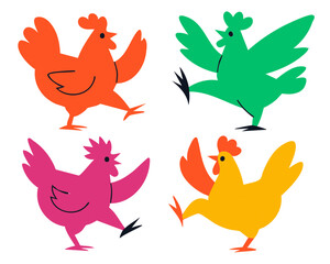 Rooster Chicken illustration, colorful minimalist style, mid-century modern, childlike shapes, whimsical character design, no outlines, solid colors, stylized proportions