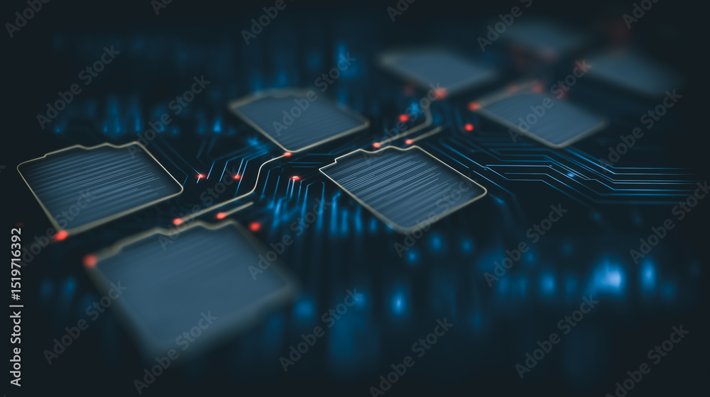 Poster microchip circuit board: close-up view of a complex microchip circuit board, showcasing intricate ci