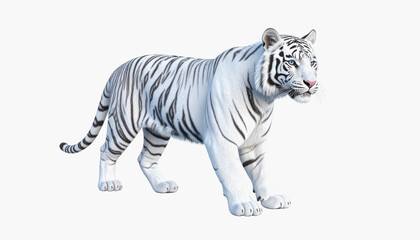 Majestic white tiger in full body display isolated on white background with ample copy space for text and design